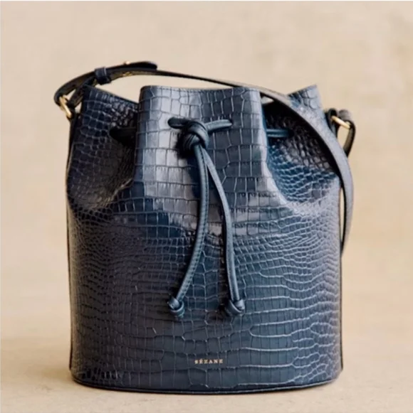 SÉZANE Farrow Leather Bucket Bag In Denim Croc Blue NWT - Picture 1 of 9